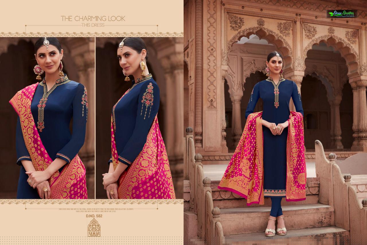 Apsara Vol-5 By Shree Shalika 581 To 587 Series Designer Festive Suits Collection Beautiful Stylish Fancy Colorful Party Wear & Occasional Wear Sartin Georgette With Embroidery Dresses At Wholesale Price