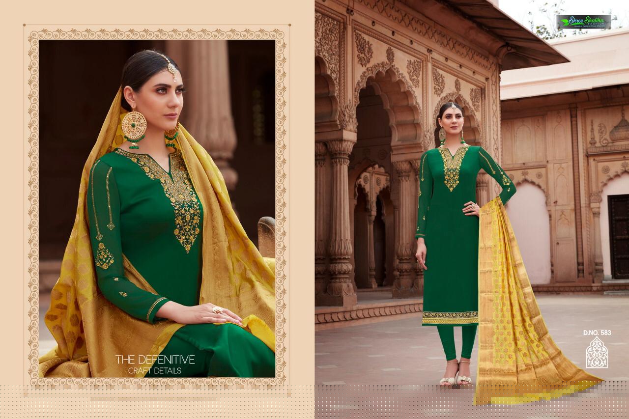 Apsara Vol-5 By Shree Shalika 581 To 587 Series Designer Festive Suits Collection Beautiful Stylish Fancy Colorful Party Wear & Occasional Wear Sartin Georgette With Embroidery Dresses At Wholesale Price