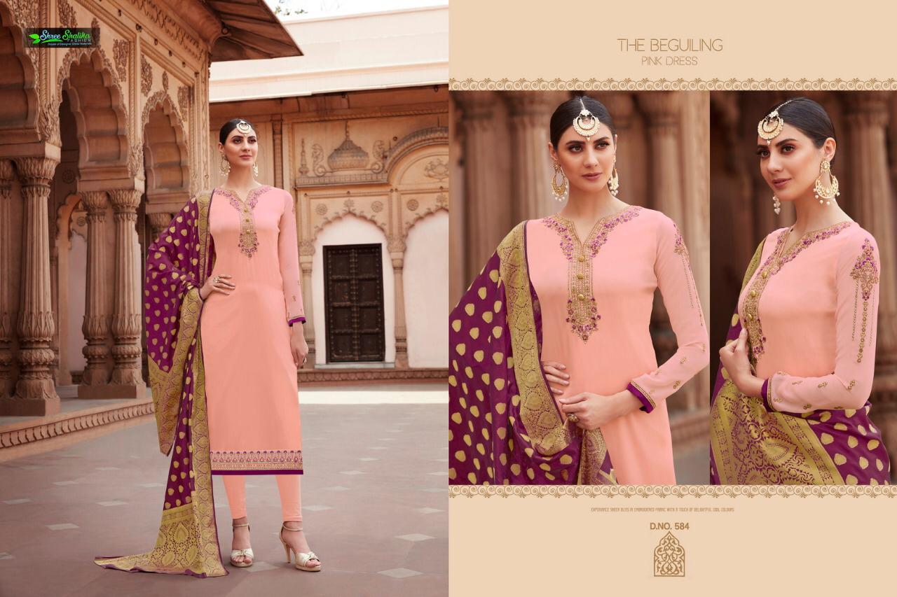 Apsara Vol-5 By Shree Shalika 581 To 587 Series Designer Festive Suits Collection Beautiful Stylish Fancy Colorful Party Wear & Occasional Wear Sartin Georgette With Embroidery Dresses At Wholesale Price
