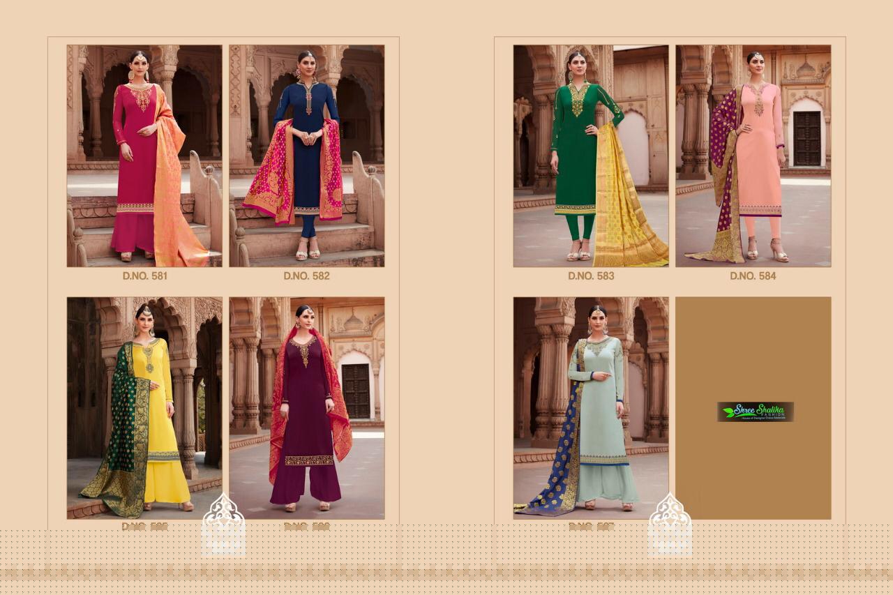 Apsara Vol-5 By Shree Shalika 581 To 587 Series Designer Festive Suits Collection Beautiful Stylish Fancy Colorful Party Wear & Occasional Wear Sartin Georgette With Embroidery Dresses At Wholesale Price