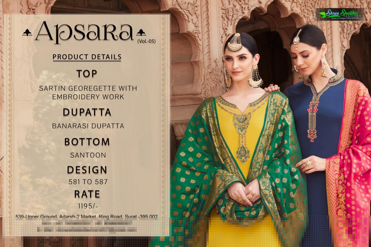 Apsara Vol-5 By Shree Shalika 581 To 587 Series Designer Festive Suits Collection Beautiful Stylish Fancy Colorful Party Wear & Occasional Wear Sartin Georgette With Embroidery Dresses At Wholesale Price