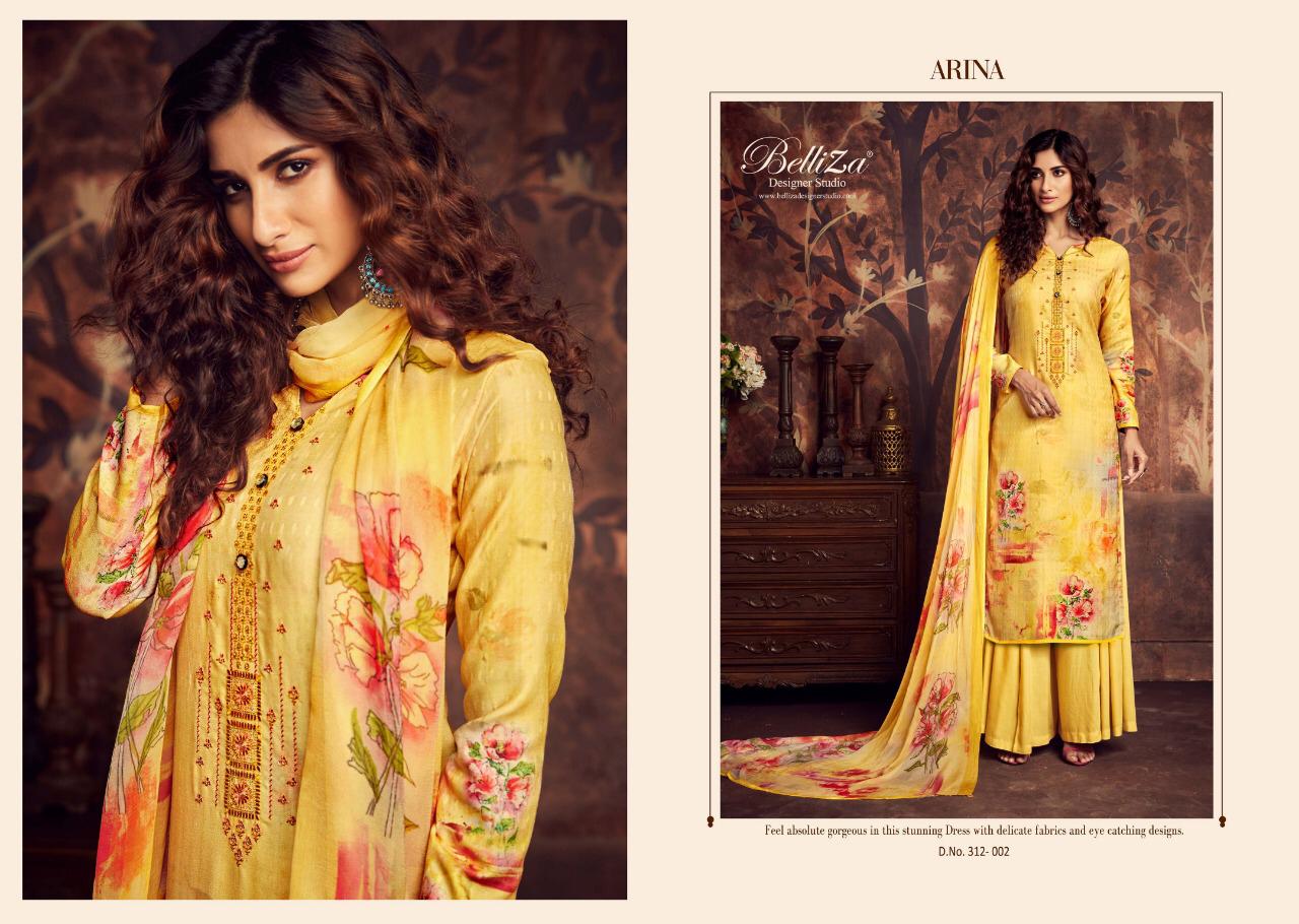Arina By Belliza 312-001 To 312-010 Series Beautiful Suits Collection Beautiful Stylish Fancy Colorful Casual Wear & Ethnic Wear Pure Pashmani Digital Print With Fancy Embroidery Dresses At Wholesale Price