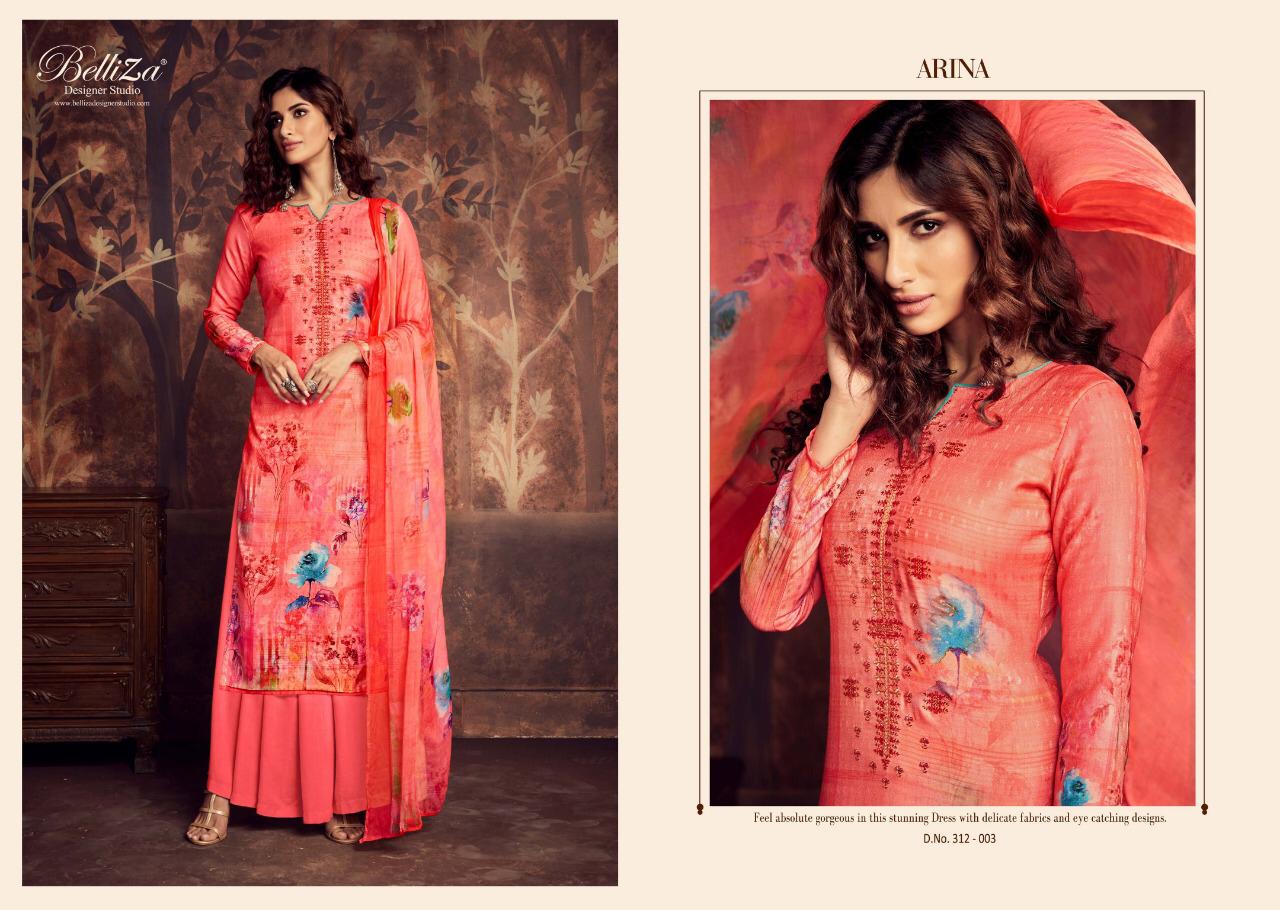 Arina By Belliza 312-001 To 312-010 Series Beautiful Suits Collection Beautiful Stylish Fancy Colorful Casual Wear & Ethnic Wear Pure Pashmani Digital Print With Fancy Embroidery Dresses At Wholesale Price