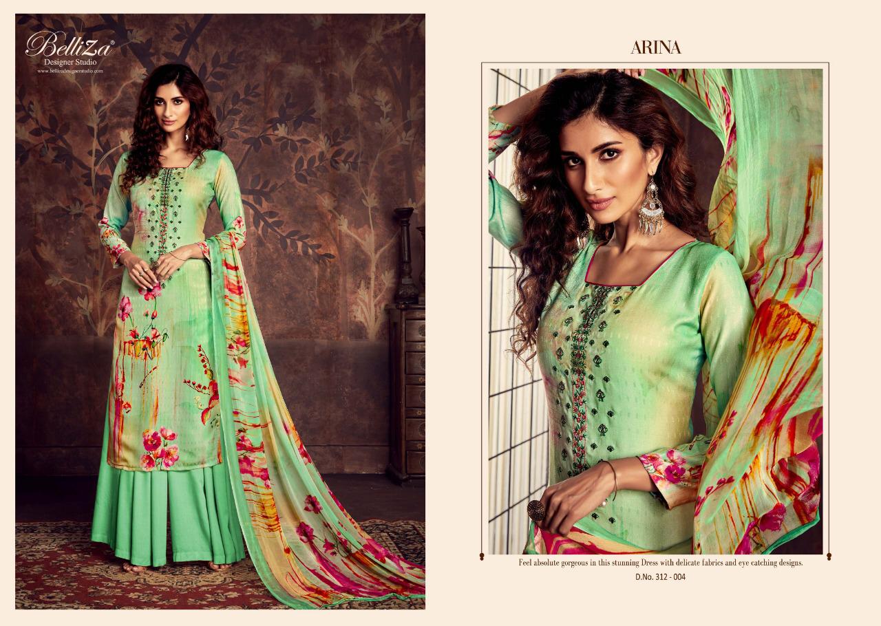 Arina By Belliza 312-001 To 312-010 Series Beautiful Suits Collection Beautiful Stylish Fancy Colorful Casual Wear & Ethnic Wear Pure Pashmani Digital Print With Fancy Embroidery Dresses At Wholesale Price