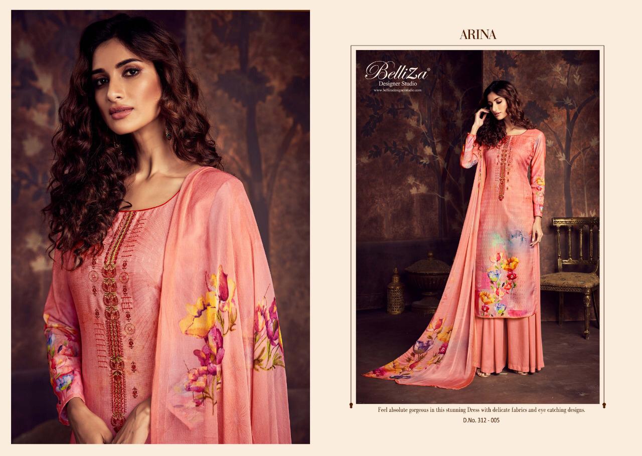 Arina By Belliza 312-001 To 312-010 Series Beautiful Suits Collection Beautiful Stylish Fancy Colorful Casual Wear & Ethnic Wear Pure Pashmani Digital Print With Fancy Embroidery Dresses At Wholesale Price