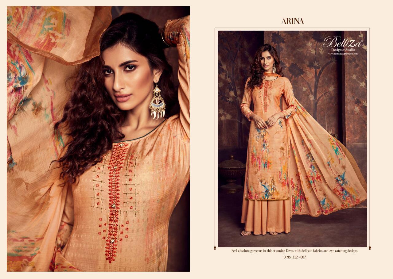 Arina By Belliza 312-001 To 312-010 Series Beautiful Suits Collection Beautiful Stylish Fancy Colorful Casual Wear & Ethnic Wear Pure Pashmani Digital Print With Fancy Embroidery Dresses At Wholesale Price
