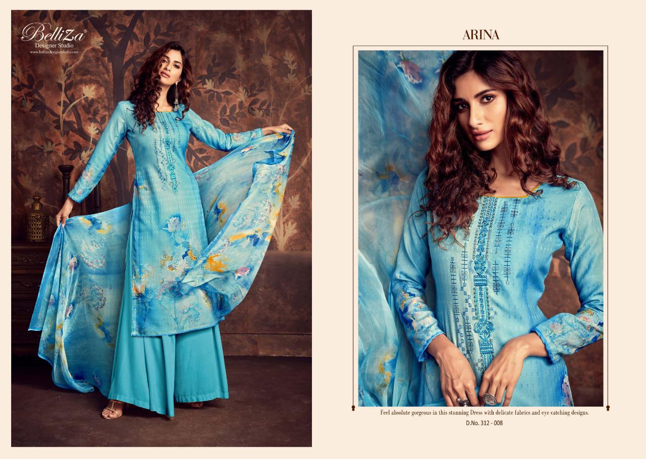 Arina By Belliza 312-001 To 312-010 Series Beautiful Suits Collection Beautiful Stylish Fancy Colorful Casual Wear & Ethnic Wear Pure Pashmani Digital Print With Fancy Embroidery Dresses At Wholesale Price