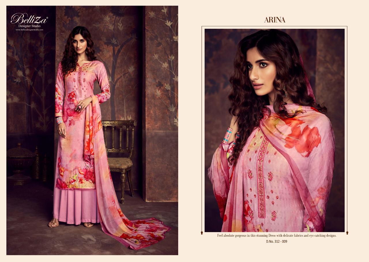 Arina By Belliza 312-001 To 312-010 Series Beautiful Suits Collection Beautiful Stylish Fancy Colorful Casual Wear & Ethnic Wear Pure Pashmani Digital Print With Fancy Embroidery Dresses At Wholesale Price