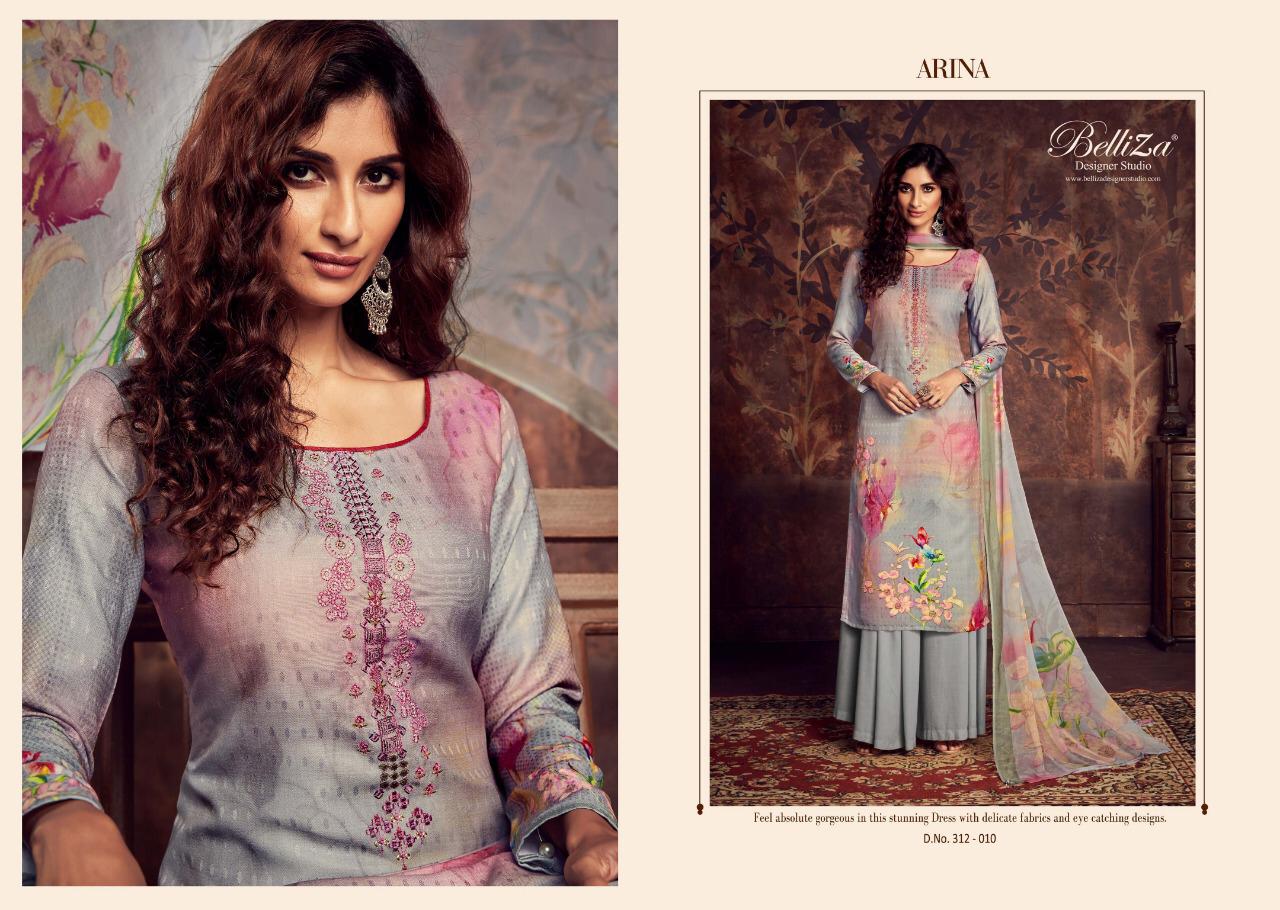 Arina By Belliza 312-001 To 312-010 Series Beautiful Suits Collection Beautiful Stylish Fancy Colorful Casual Wear & Ethnic Wear Pure Pashmani Digital Print With Fancy Embroidery Dresses At Wholesale Price