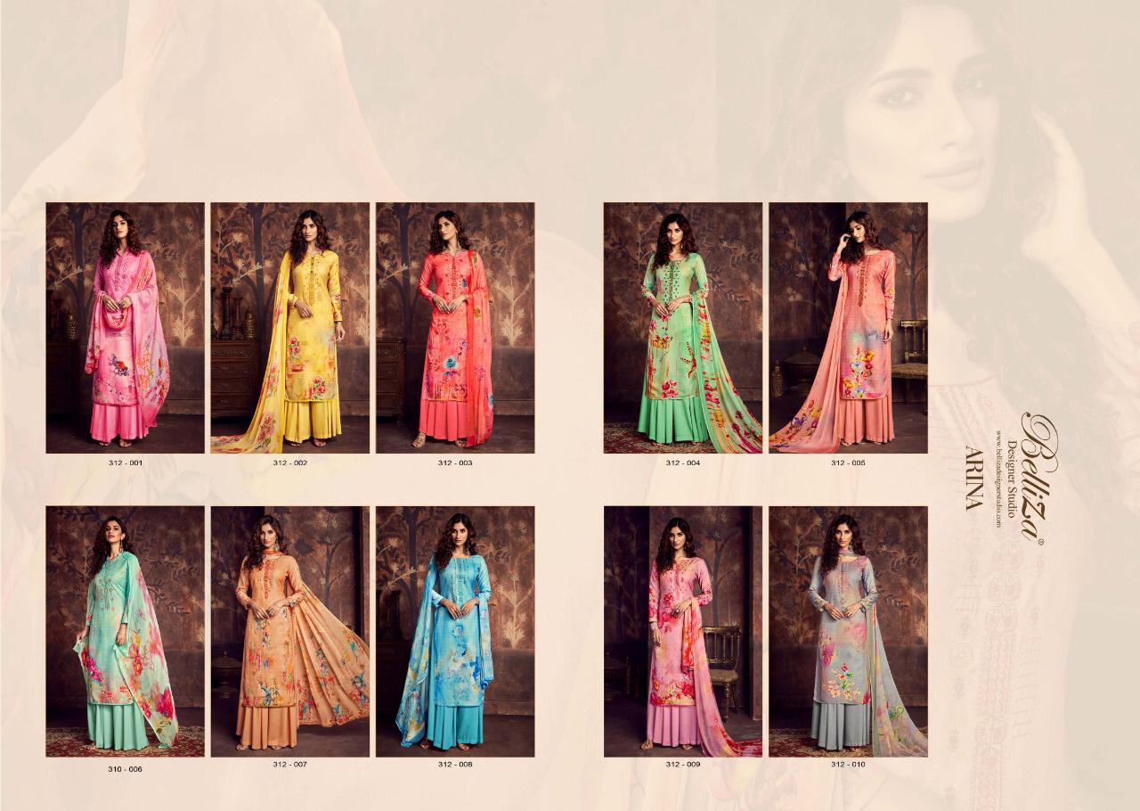 Arina By Belliza 312-001 To 312-010 Series Beautiful Suits Collection Beautiful Stylish Fancy Colorful Casual Wear & Ethnic Wear Pure Pashmani Digital Print With Fancy Embroidery Dresses At Wholesale Price