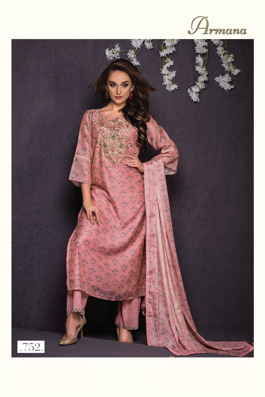 Armana By Sri 752 To 758 Series Beautiful Suits Stylish Fancy Colorful Party Wear & Occasional Wear Mono Chanderi With Aari Work Dresses At Wholesale Price