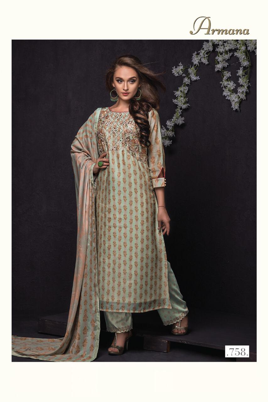 Armana By Sri 752 To 758 Series Beautiful Suits Stylish Fancy Colorful Party Wear & Occasional Wear Mono Chanderi With Aari Work Dresses At Wholesale Price
