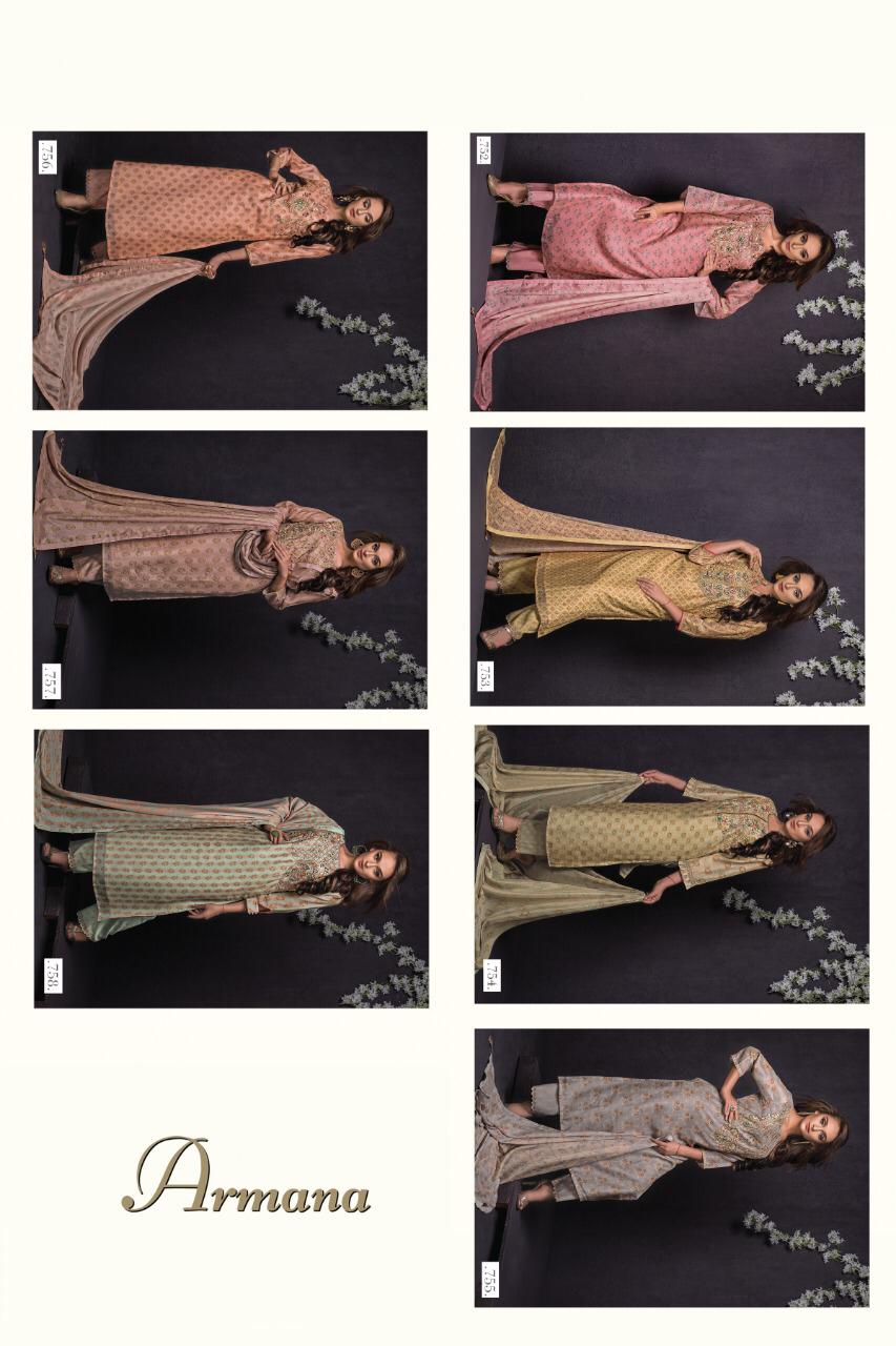 Armana By Sri 752 To 758 Series Beautiful Suits Stylish Fancy Colorful Party Wear & Occasional Wear Mono Chanderi With Aari Work Dresses At Wholesale Price