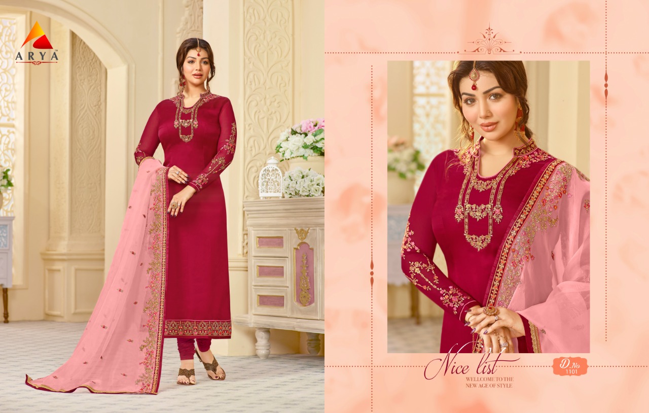 Arya Vol-1 By Arya 1101 To 1108 Series Beautiful Suits Collection Stylish Fancy Colorful Casual Wear & Ethnic Wear Satin Georgette Embroidered Dresses At Wholesale Price