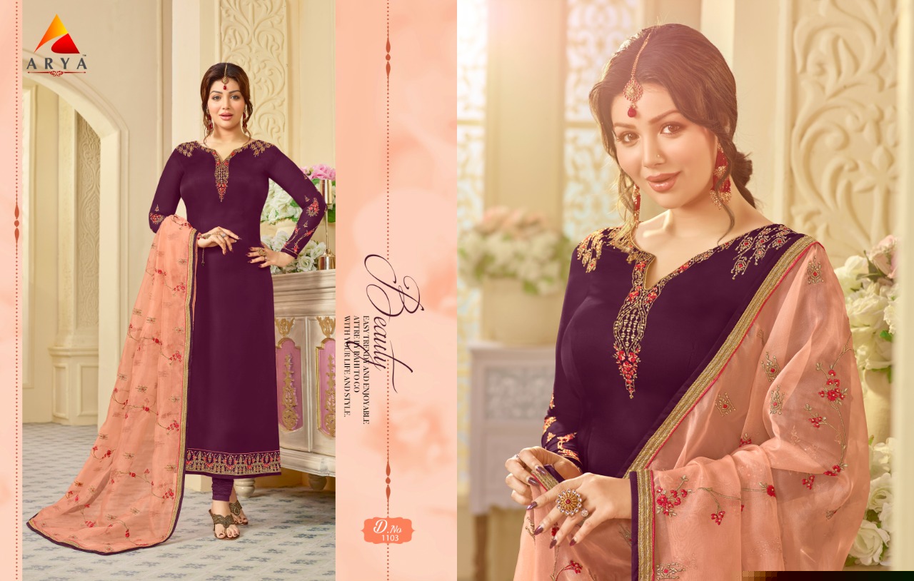 Arya Vol-1 By Arya 1101 To 1108 Series Beautiful Suits Collection Stylish Fancy Colorful Casual Wear & Ethnic Wear Satin Georgette Embroidered Dresses At Wholesale Price
