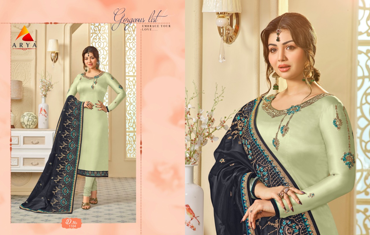 Arya Vol-1 By Arya 1101 To 1108 Series Beautiful Suits Collection Stylish Fancy Colorful Casual Wear & Ethnic Wear Satin Georgette Embroidered Dresses At Wholesale Price