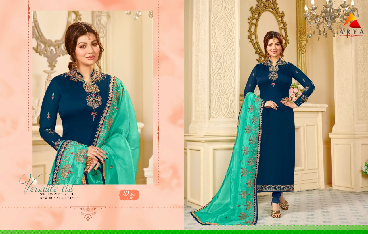Arya Vol-1 By Arya 1101 To 1108 Series Beautiful Suits Collection Stylish Fancy Colorful Casual Wear & Ethnic Wear Satin Georgette Embroidered Dresses At Wholesale Price