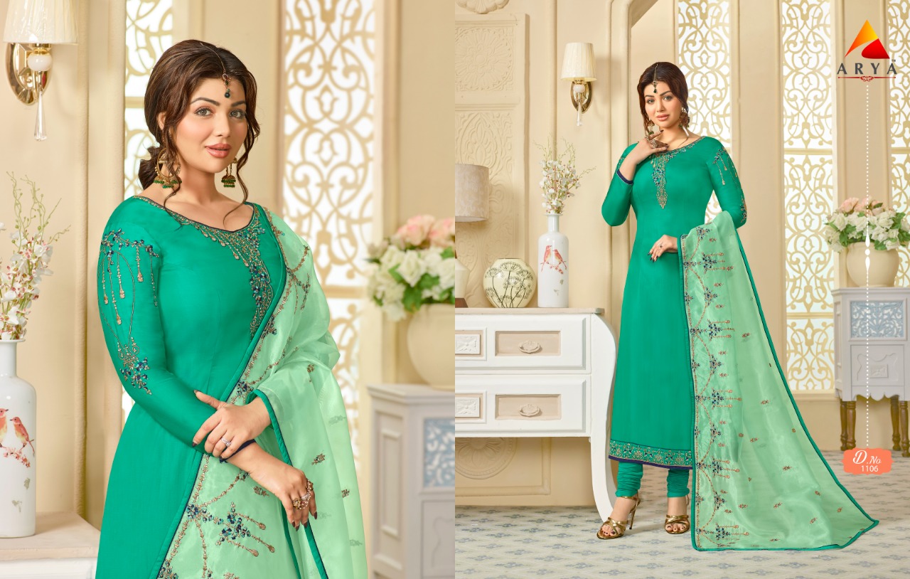Arya Vol-1 By Arya 1101 To 1108 Series Beautiful Suits Collection Stylish Fancy Colorful Casual Wear & Ethnic Wear Satin Georgette Embroidered Dresses At Wholesale Price