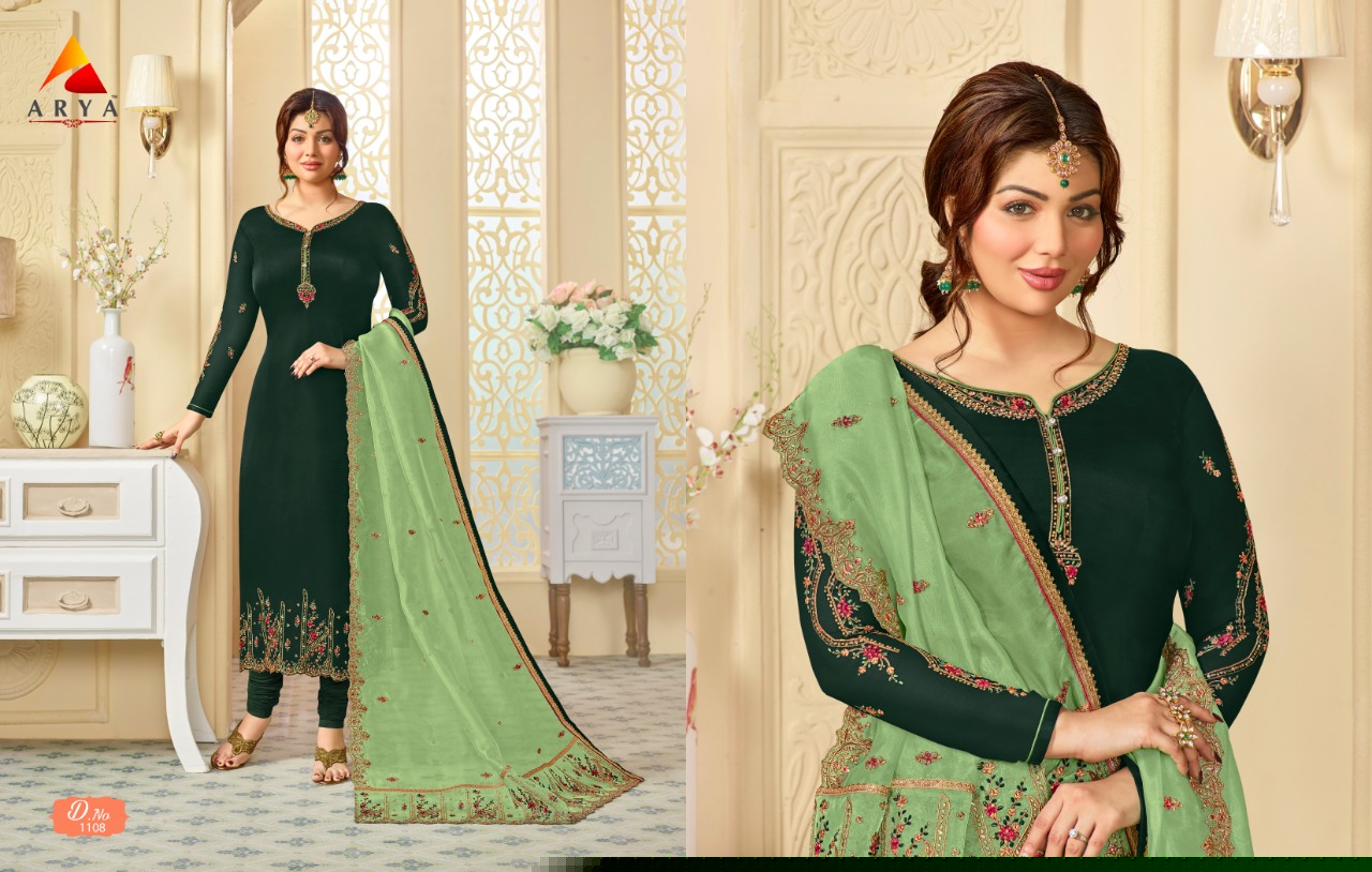 Arya Vol-1 By Arya 1101 To 1108 Series Beautiful Suits Collection Stylish Fancy Colorful Casual Wear & Ethnic Wear Satin Georgette Embroidered Dresses At Wholesale Price