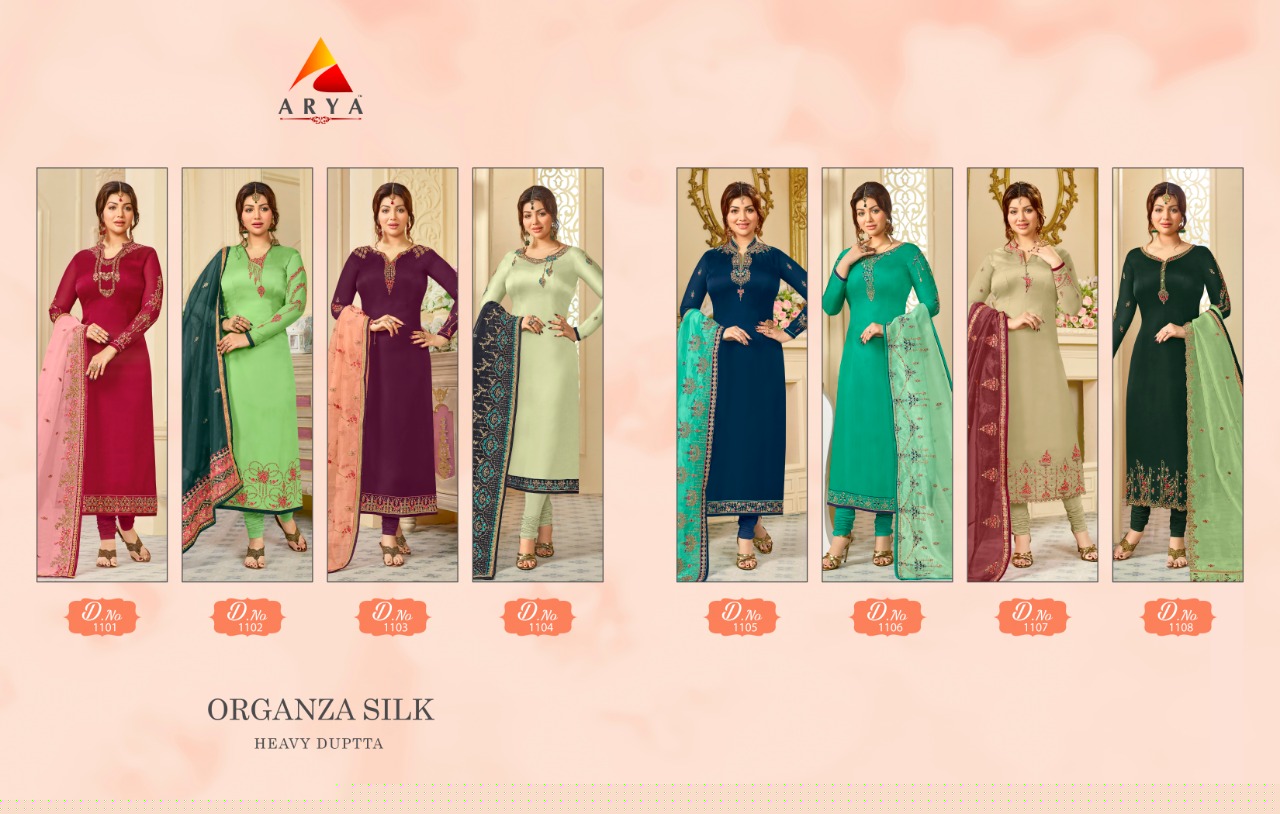 Arya Vol-1 By Arya 1101 To 1108 Series Beautiful Suits Collection Stylish Fancy Colorful Casual Wear & Ethnic Wear Satin Georgette Embroidered Dresses At Wholesale Price