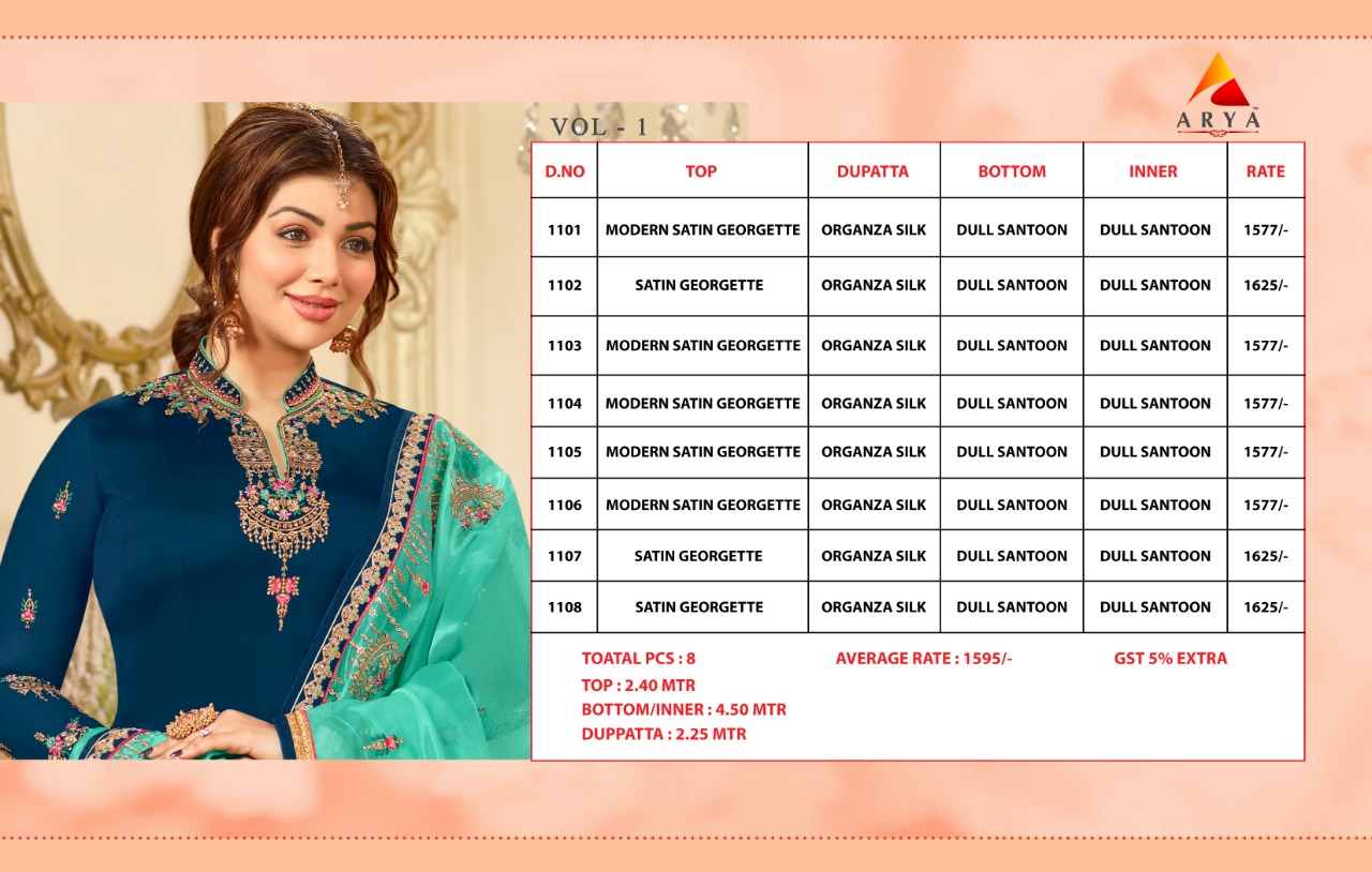 Arya Vol-1 By Arya 1101 To 1108 Series Beautiful Suits Collection Stylish Fancy Colorful Casual Wear & Ethnic Wear Satin Georgette Embroidered Dresses At Wholesale Price