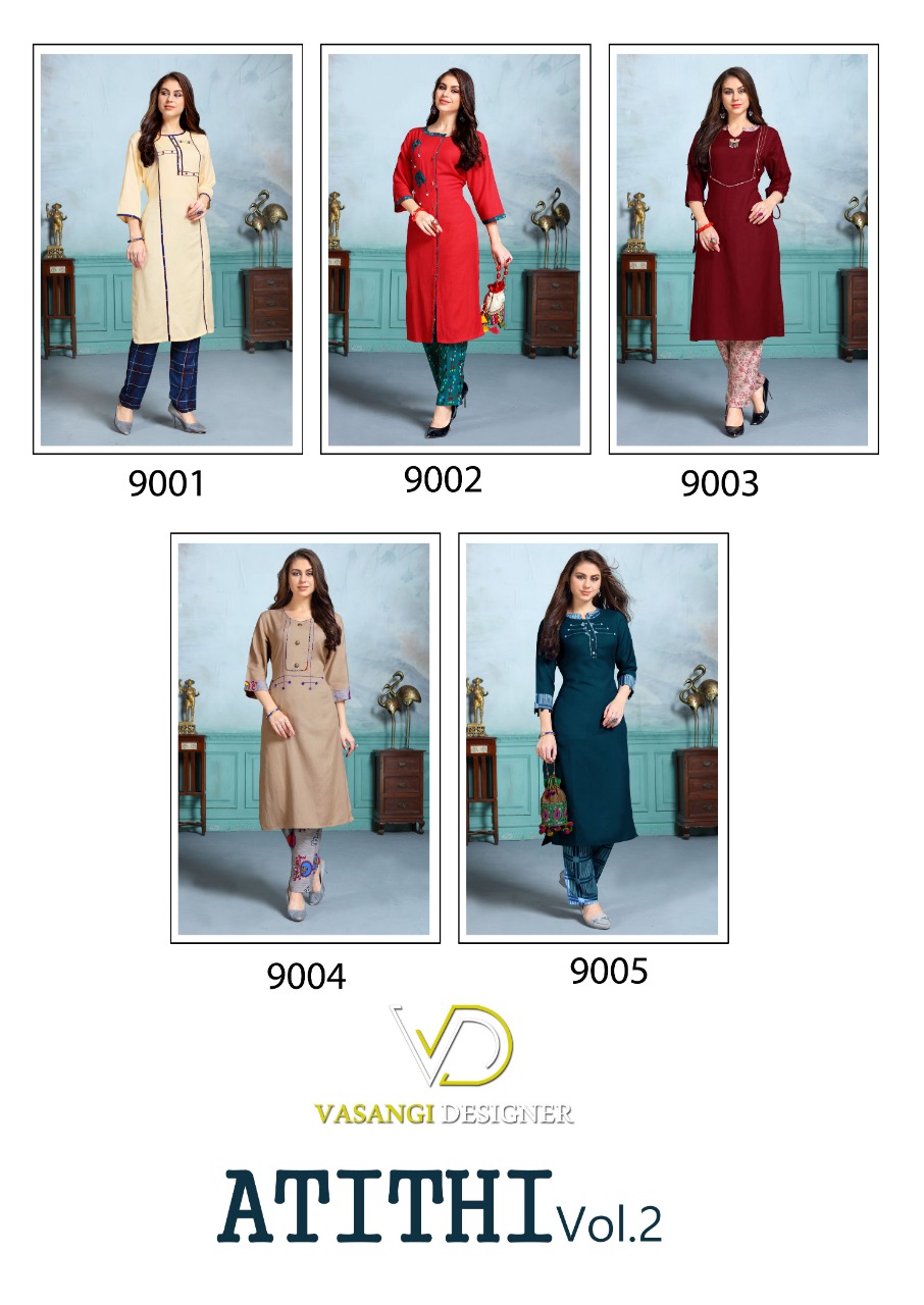 Atithi Vol-2 By Vasangi Designer 9001 To 9005 Series Beautiful Colorful Stylish Fancy Casual Wear & Ethnic Wear & Ready To Wear Rayon Printed Kurtis At Wholesale Price