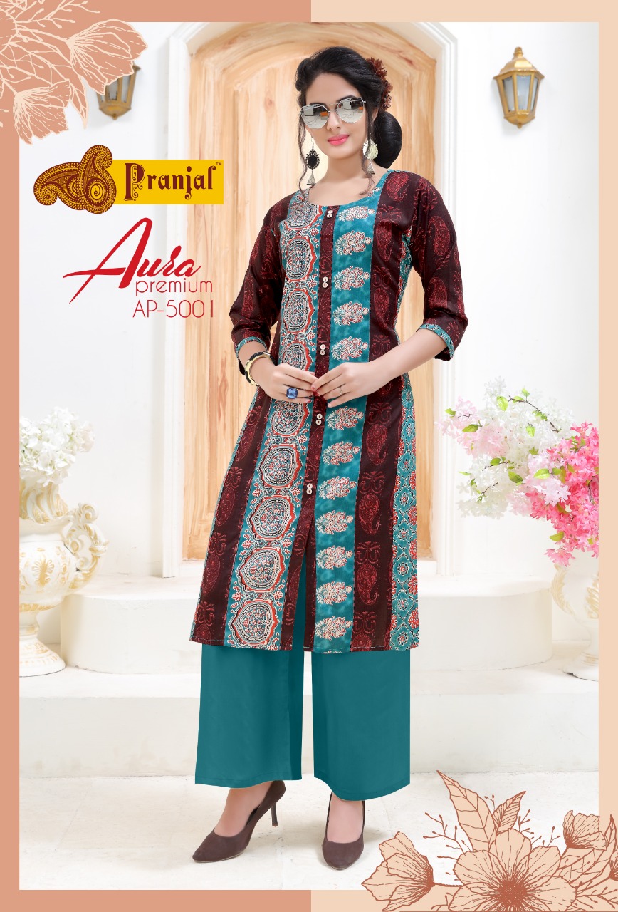 Aura Premium Vol-5 By Pranjal Creation 5001 To 5009 Series Beautiful Stylish Fancy Colorful Casual Wear & Ethnic Wear & Ready To Wear Rayon Printed Kurtis At Wholesale Price