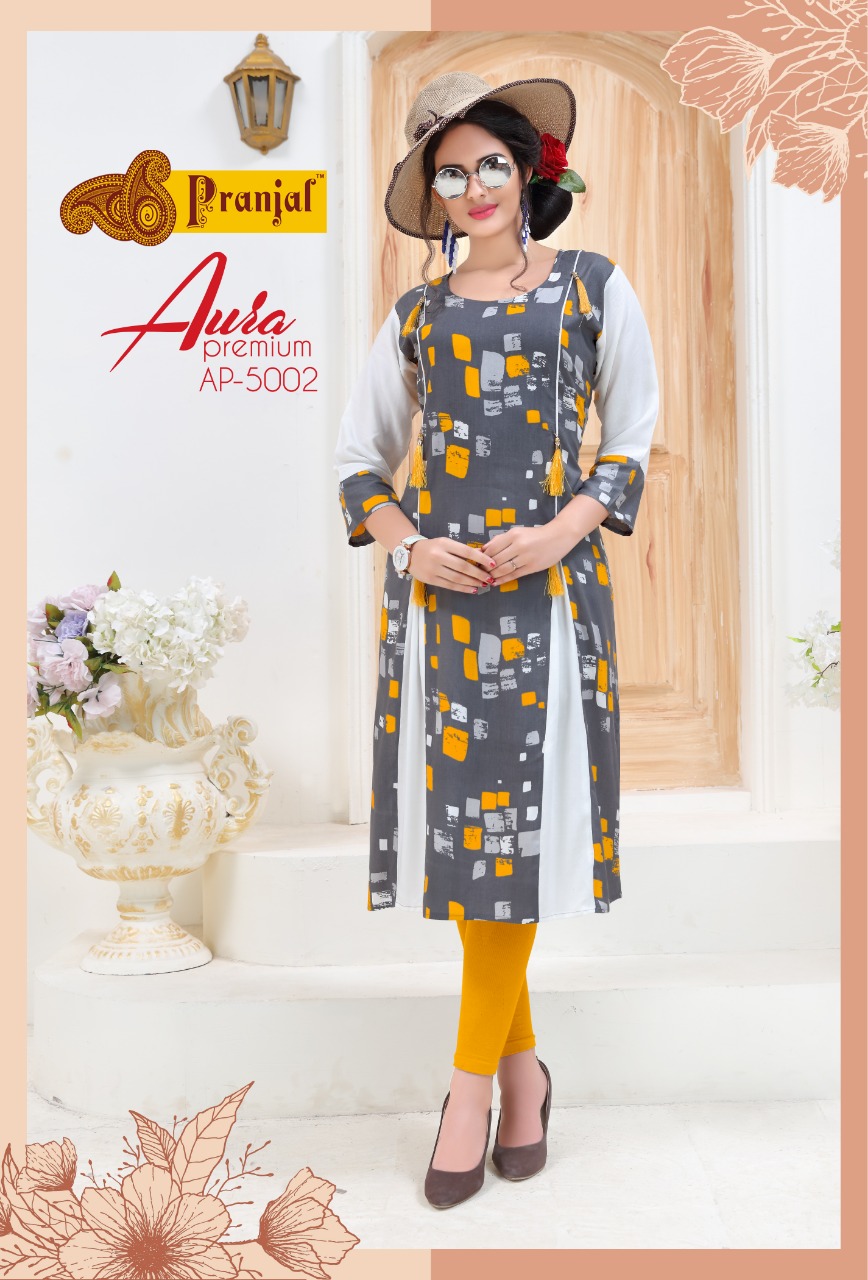 Aura Premium Vol-5 By Pranjal Creation 5001 To 5009 Series Beautiful Stylish Fancy Colorful Casual Wear & Ethnic Wear & Ready To Wear Rayon Printed Kurtis At Wholesale Price