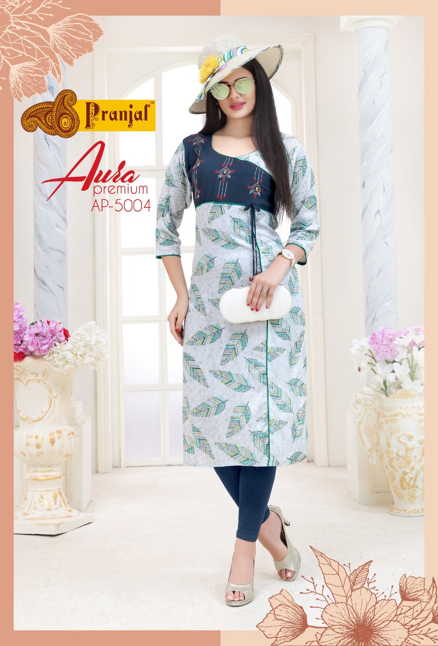 Aura Premium Vol-5 By Pranjal Creation 5001 To 5009 Series Beautiful Stylish Fancy Colorful Casual Wear & Ethnic Wear & Ready To Wear Rayon Printed Kurtis At Wholesale Price