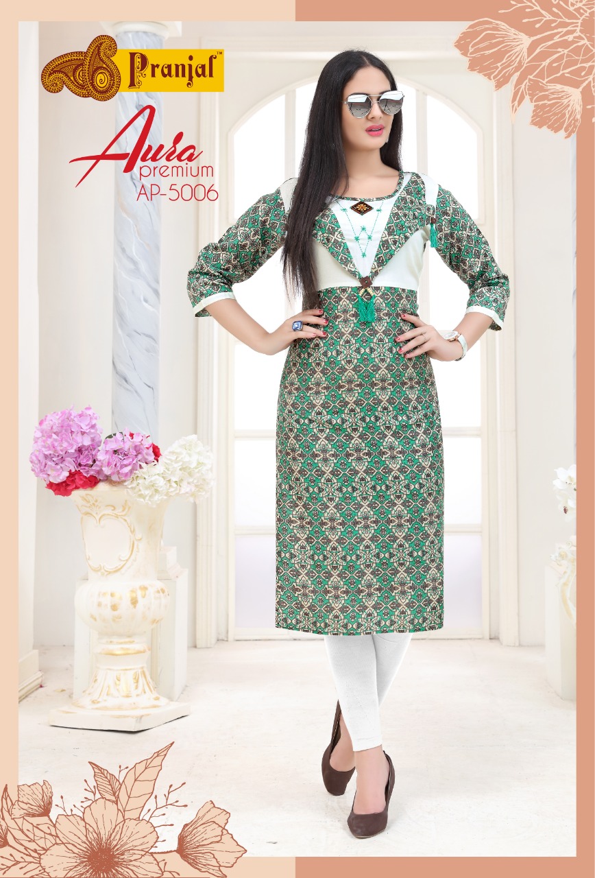 Aura Premium Vol-5 By Pranjal Creation 5001 To 5009 Series Beautiful Stylish Fancy Colorful Casual Wear & Ethnic Wear & Ready To Wear Rayon Printed Kurtis At Wholesale Price