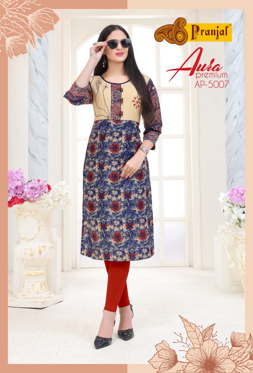 Aura Premium Vol-5 By Pranjal Creation 5001 To 5009 Series Beautiful Stylish Fancy Colorful Casual Wear & Ethnic Wear & Ready To Wear Rayon Printed Kurtis At Wholesale Price