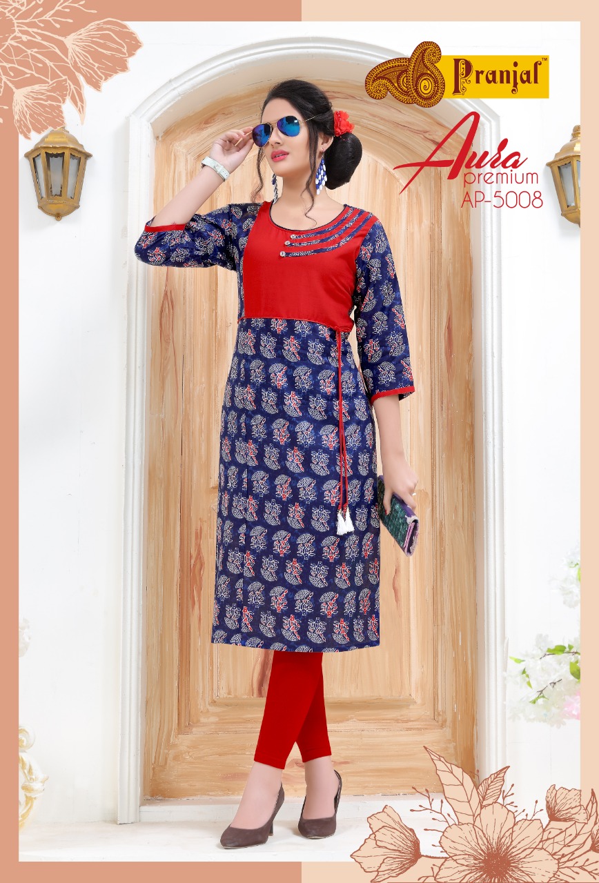 Aura Premium Vol-5 By Pranjal Creation 5001 To 5009 Series Beautiful Stylish Fancy Colorful Casual Wear & Ethnic Wear & Ready To Wear Rayon Printed Kurtis At Wholesale Price