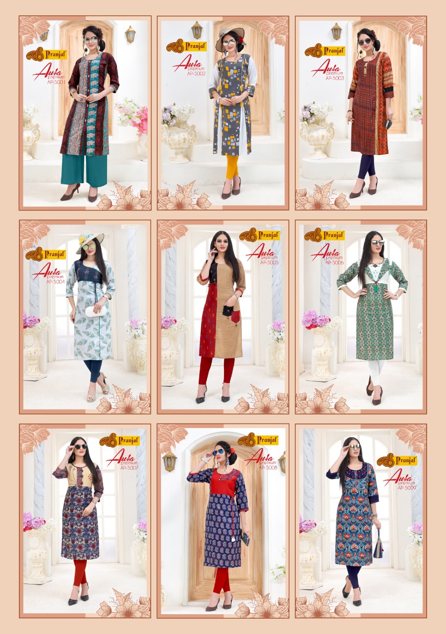 Aura Premium Vol-5 By Pranjal Creation 5001 To 5009 Series Beautiful Stylish Fancy Colorful Casual Wear & Ethnic Wear & Ready To Wear Rayon Printed Kurtis At Wholesale Price