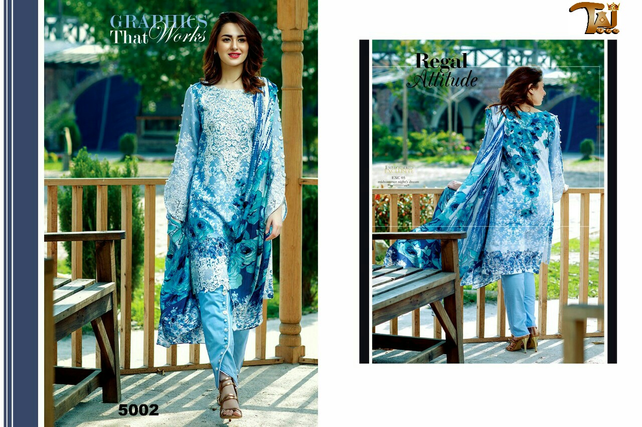Ayesha Zohaib Vol-5 By Taj Fab 5001 To 5005 Series Pakistani Suits Beautiful Stylish Fancy Colorful Party Wear & Ethnic Wear Cotton Satin Embroidered Dresses At Wholesale Price
