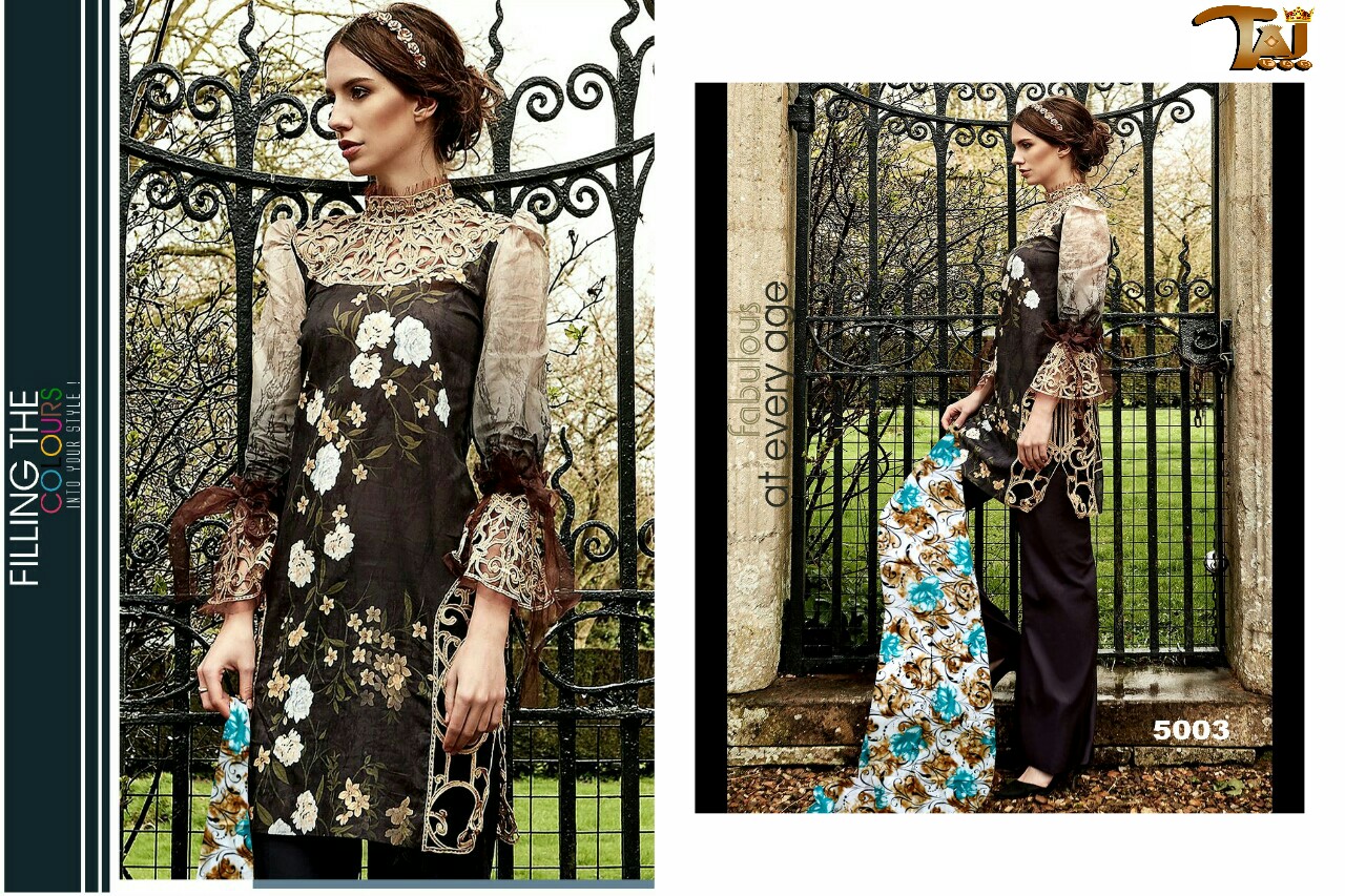 Ayesha Zohaib Vol-5 By Taj Fab 5001 To 5005 Series Pakistani Suits Beautiful Stylish Fancy Colorful Party Wear & Ethnic Wear Cotton Satin Embroidered Dresses At Wholesale Price