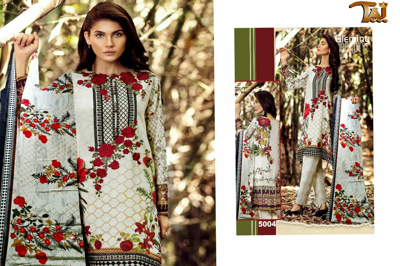 Ayesha Zohaib Vol-5 By Taj Fab 5001 To 5005 Series Pakistani Suits Beautiful Stylish Fancy Colorful Party Wear & Ethnic Wear Cotton Satin Embroidered Dresses At Wholesale Price