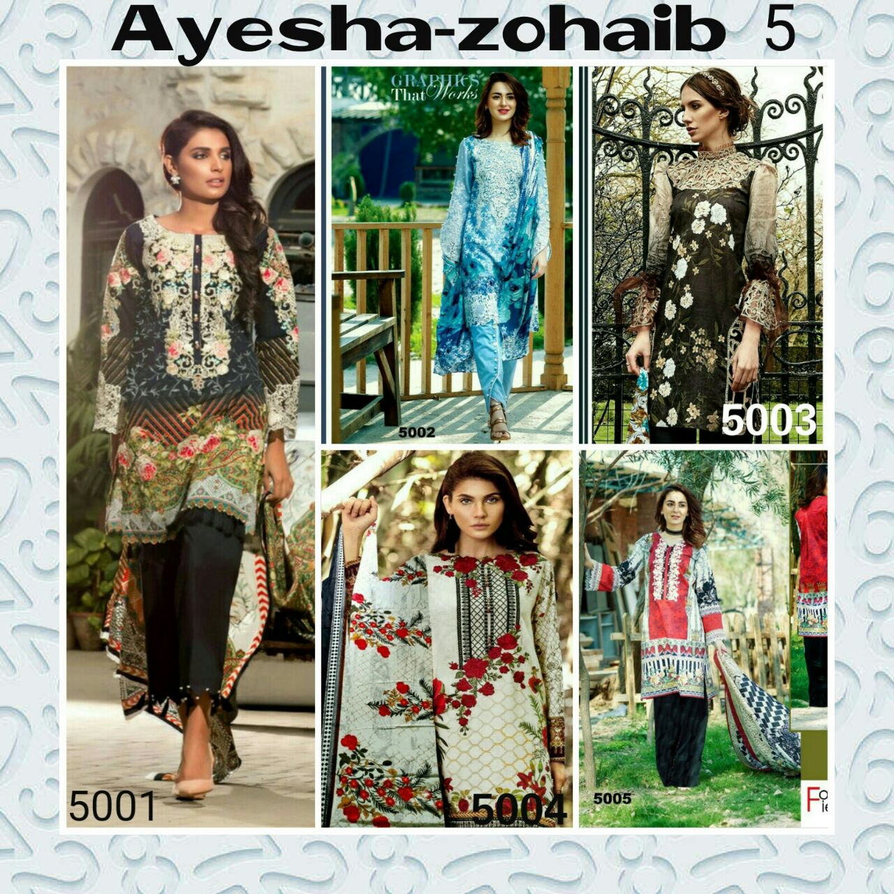Ayesha Zohaib Vol-5 By Taj Fab 5001 To 5005 Series Pakistani Suits Beautiful Stylish Fancy Colorful Party Wear & Ethnic Wear Cotton Satin Embroidered Dresses At Wholesale Price