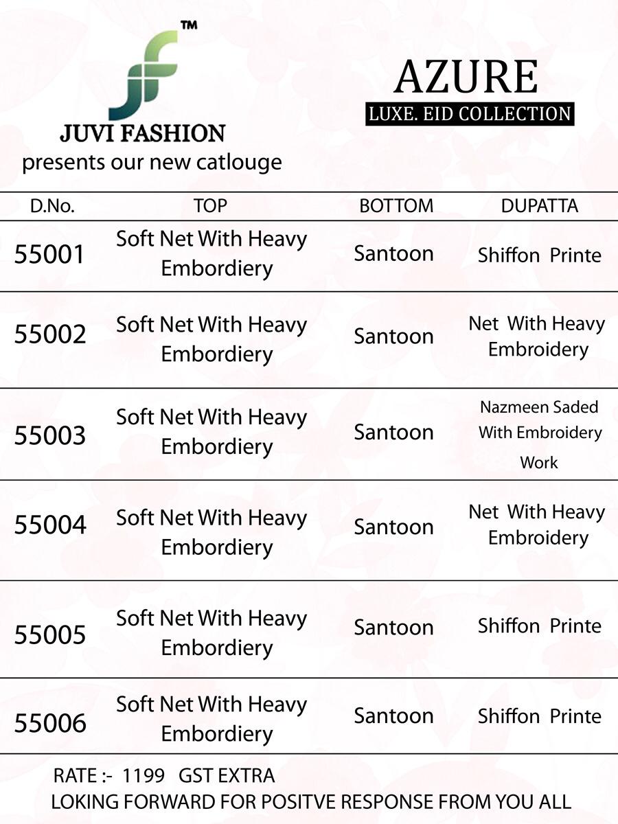 Azure Lux Eid Collection By Juvi Fashion 55001 To 55006 Series Pakistani Stylish Beautiful Colourful Printed & Embroidered Party Wear & Occasional Wear Soft Net With Heavy Embroidery Dresses At Wholesale Price