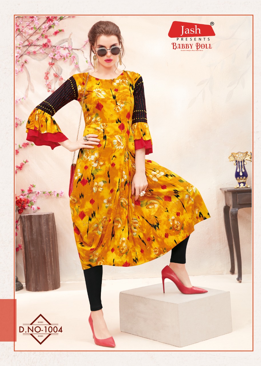 Babby Doll Vol-1 By Jash Enterprise 1001 To 1010 Series Beautiful Stylish Fancy Colorful Casual Wear & Ethnic Wear & Ready To Wear Heavy Rayon Printed Kurtis At Wholesale Price