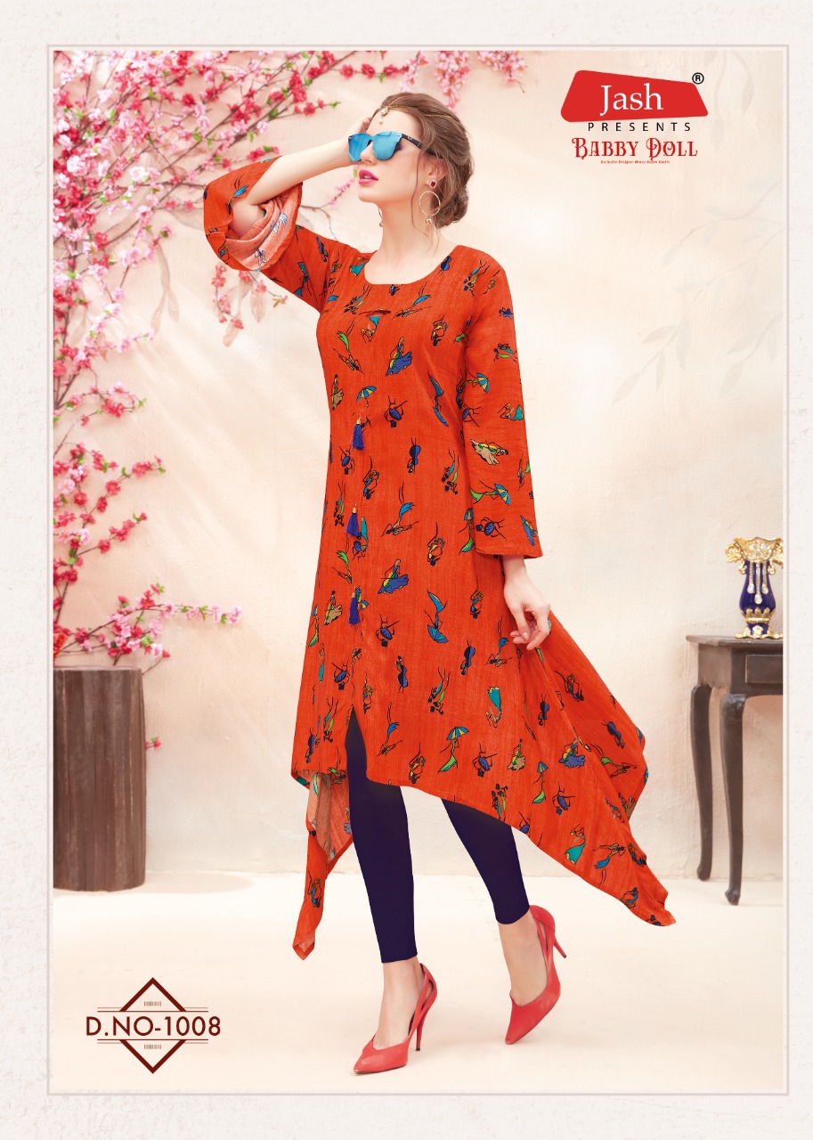 Babby Doll Vol-1 By Jash Enterprise 1001 To 1010 Series Beautiful Stylish Fancy Colorful Casual Wear & Ethnic Wear & Ready To Wear Heavy Rayon Printed Kurtis At Wholesale Price