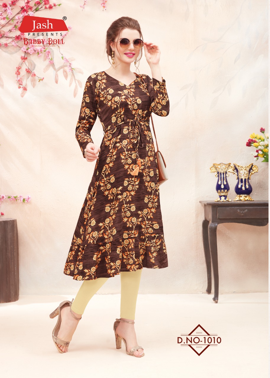Babby Doll Vol-1 By Jash Enterprise 1001 To 1010 Series Beautiful Stylish Fancy Colorful Casual Wear & Ethnic Wear & Ready To Wear Heavy Rayon Printed Kurtis At Wholesale Price