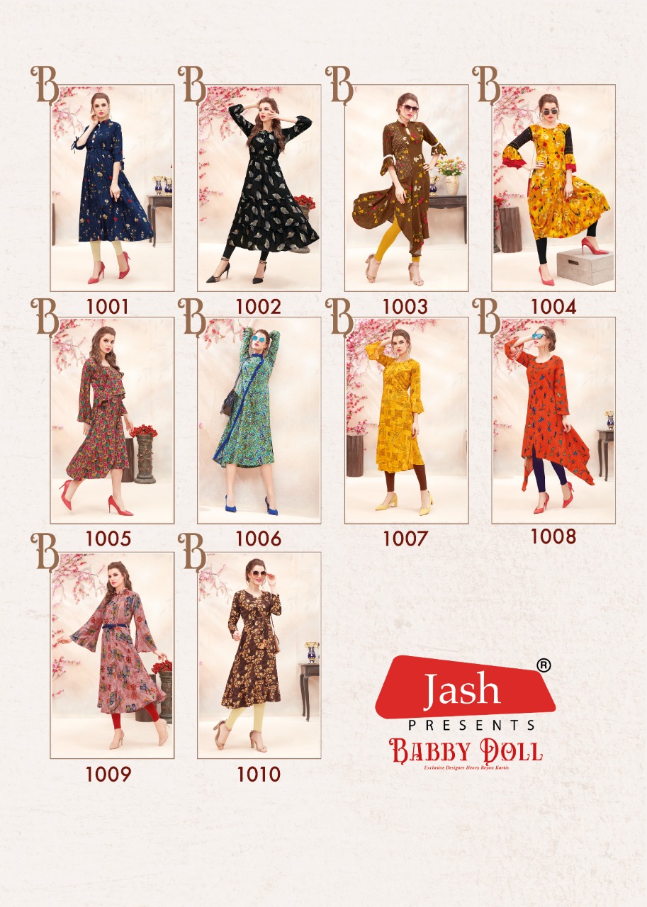 Babby Doll Vol-1 By Jash Enterprise 1001 To 1010 Series Beautiful Stylish Fancy Colorful Casual Wear & Ethnic Wear & Ready To Wear Heavy Rayon Printed Kurtis At Wholesale Price