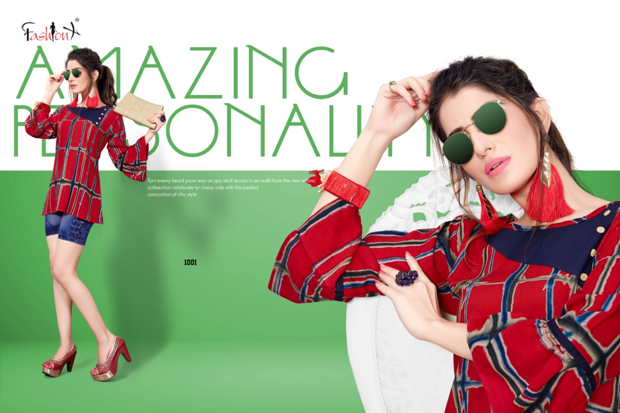 Baby Doll By Fashion X 1001 To 1006 Series Beautiful Stylish Colorful Fancy Party Wear & Ethnic Wear & Ready To Wear Heavy Rayon Printed Kurtis/ Tops At Wholesale Price