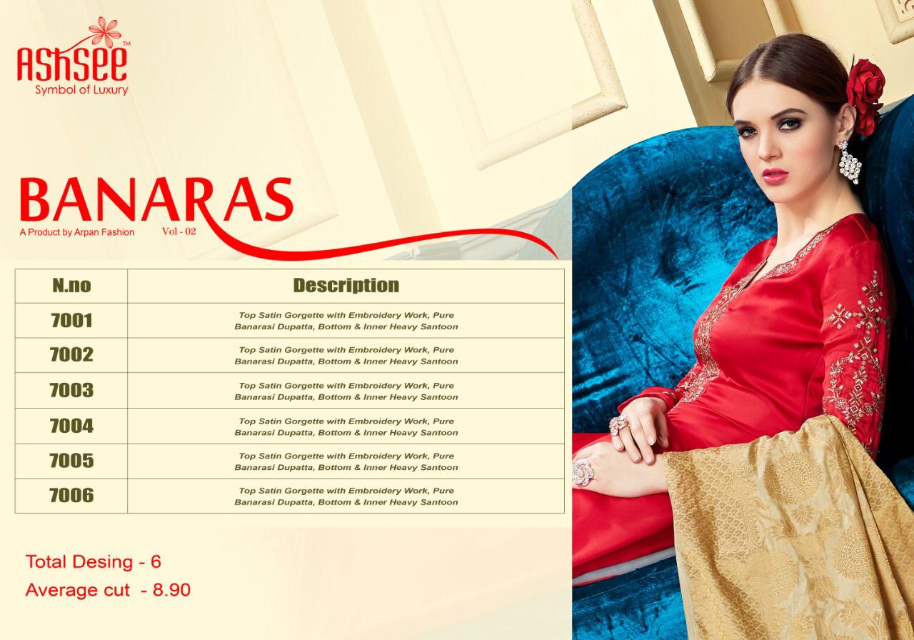 Banaras Vol-2 By Ashsee 7001 To 7006 Series Designer Wedding Collection Beautiful Stylish Fancy Colorful Party Wear & Occasional Wear Satin Georgette With Work Dresses At Wholesale Price