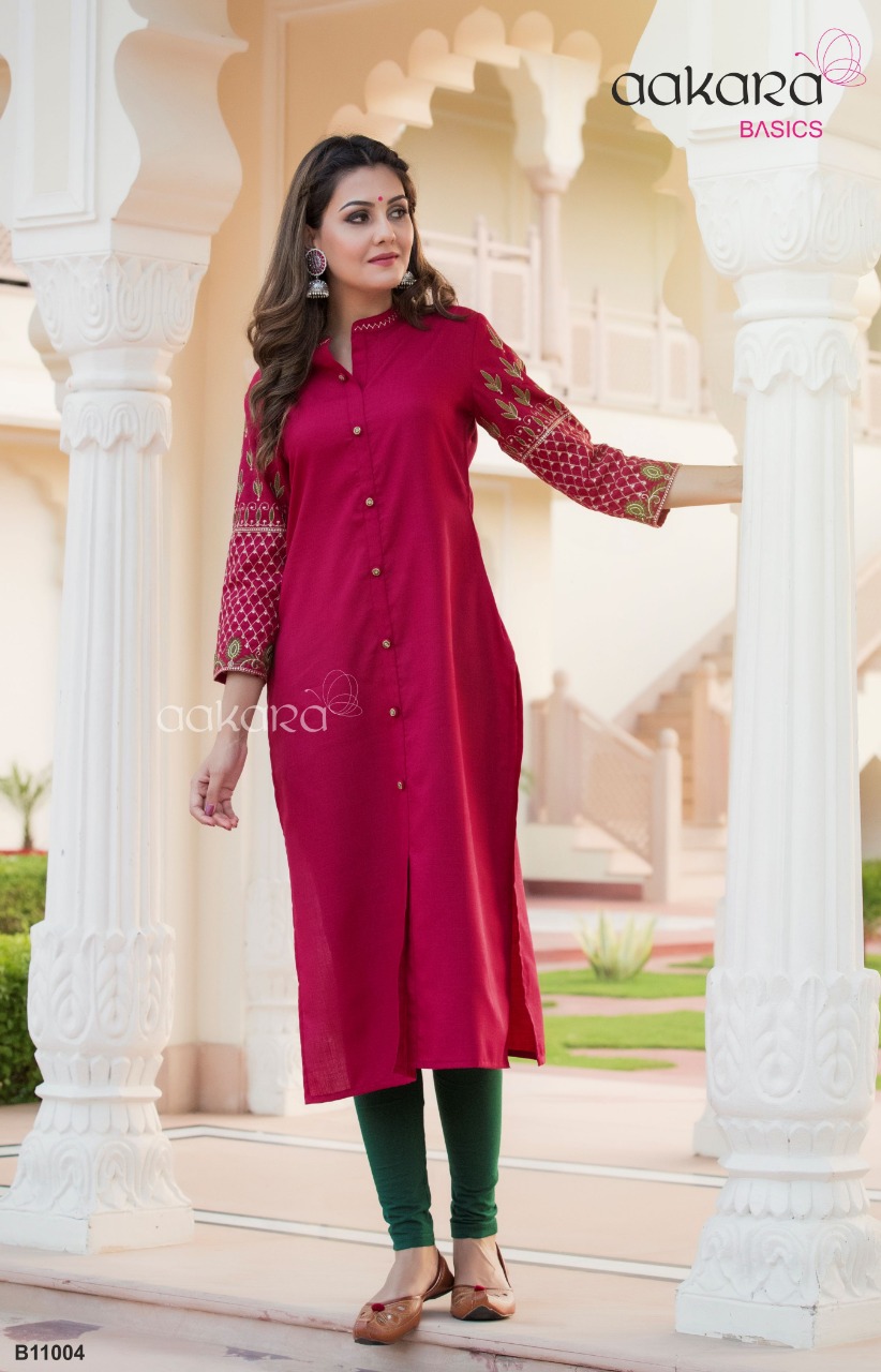 Basics Vol-11 By Aakara 1001 To 1006 Series Stylish Fancy Beautiful Colorful Casual Wear & Ethnic Wear Mill Dyed Cotton Viscose Poly Slub Kurtis At Wholesale Price