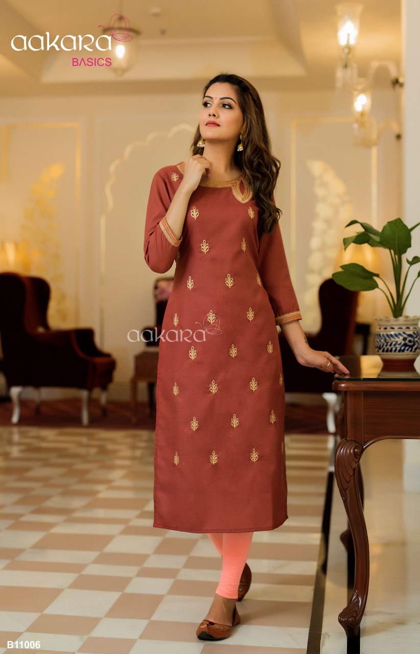 Basics Vol-11 By Aakara 1001 To 1006 Series Stylish Fancy Beautiful Colorful Casual Wear & Ethnic Wear Mill Dyed Cotton Viscose Poly Slub Kurtis At Wholesale Price