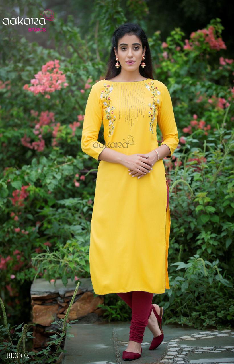 Basics Vol-10 By Aakara 001 To 008 Series Stylish Fancy Beautiful Colorful Casual Wear & Ethnic Wear Rayon With Embroidery Kurtis At Wholesale Price