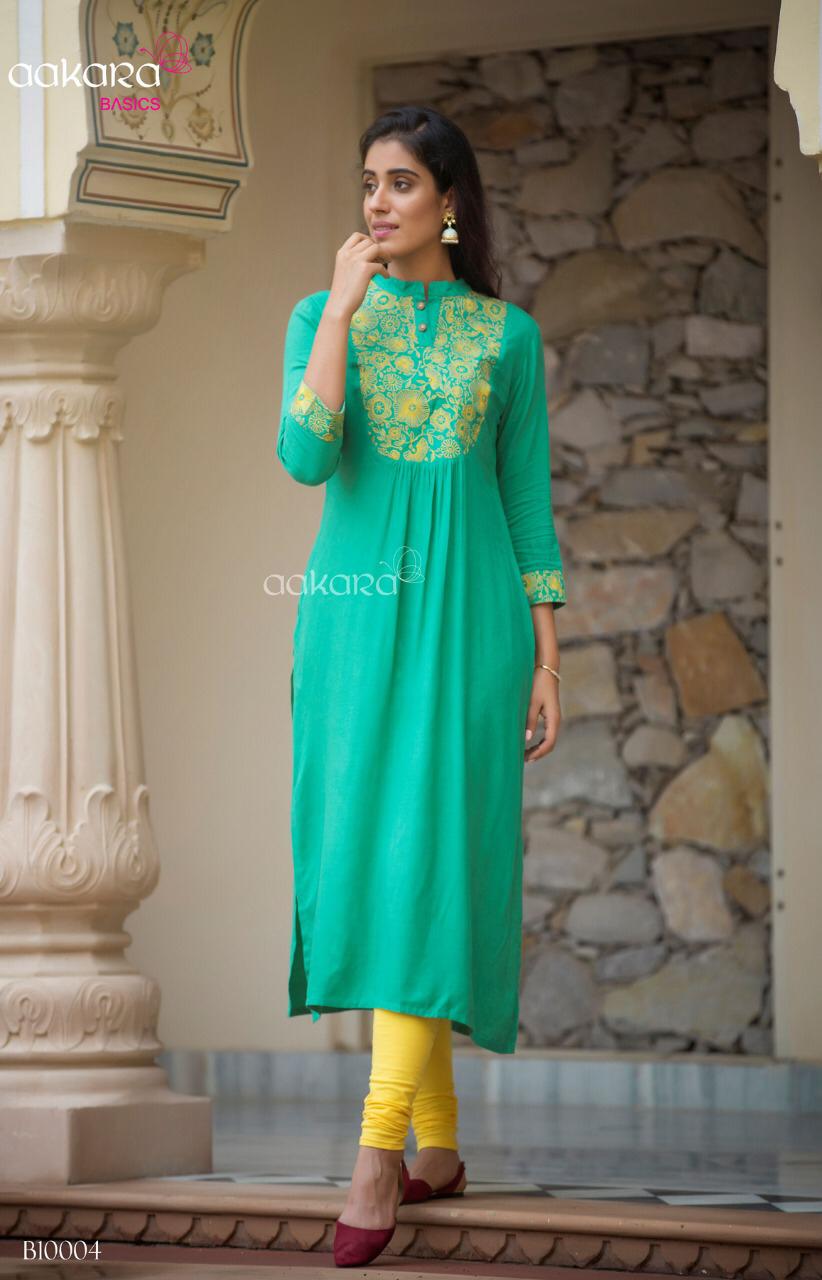 Basics Vol-10 By Aakara 001 To 008 Series Stylish Fancy Beautiful Colorful Casual Wear & Ethnic Wear Rayon With Embroidery Kurtis At Wholesale Price