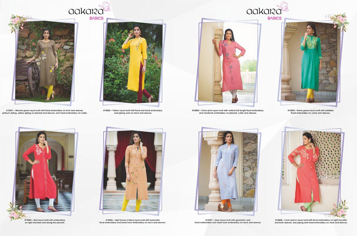 Basics Vol-10 By Aakara 001 To 008 Series Stylish Fancy Beautiful Colorful Casual Wear & Ethnic Wear Rayon With Embroidery Kurtis At Wholesale Price
