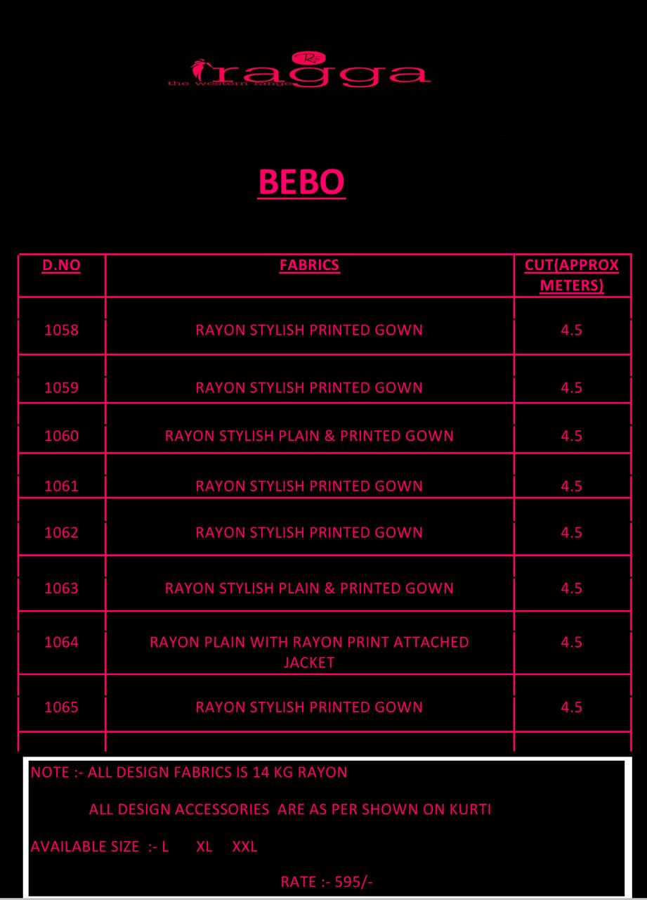 Bebo By Ragga 1058 To 1065 Series Designer Beautiful Colorful Stylish Fancy Casual Wear & Ethnic Wear & Ready To Wear Rayon Printed Kurtis At Wholesale Price